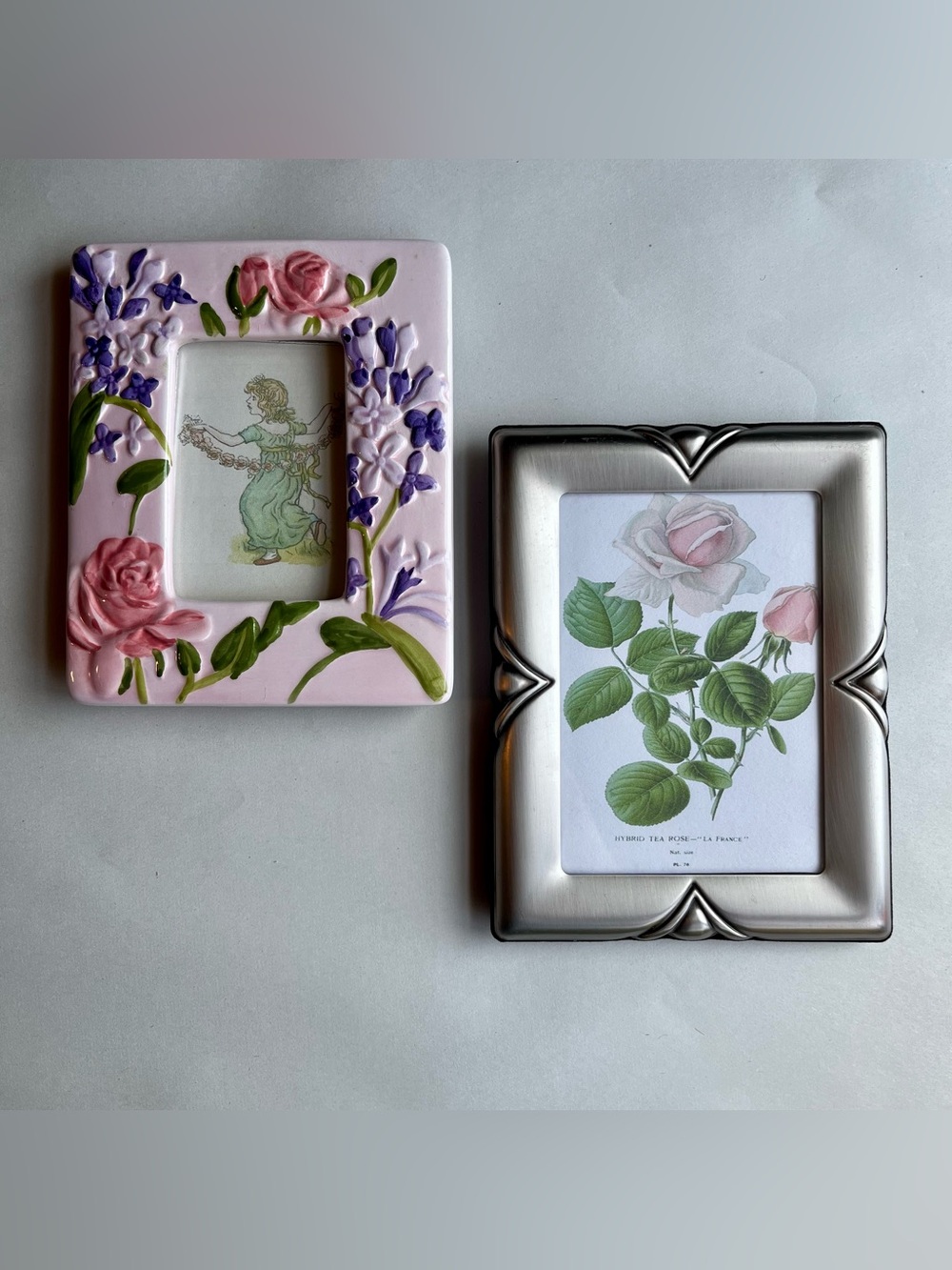 Vintage Mixed Silver Tone Metal Pink Floral Ceramic w/ Fine Art Print - Set of 2